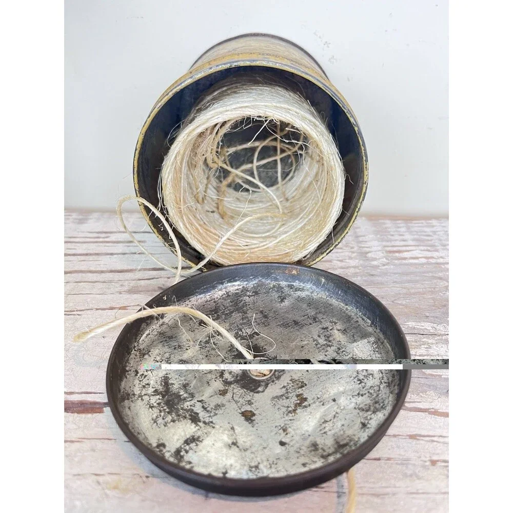 Vintage Cottage Tin W/Lid Yarn String Holder Lady Silhouette & Little Black Cat